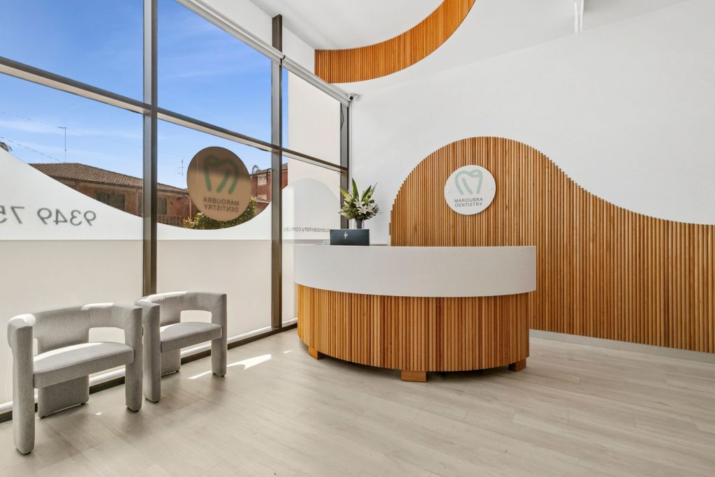 Professional medical practice waiting room and reception desk custom-built in NSW